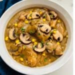 Tender slices of chicken breast smothered in a creamy mushroom sauce, accompanied by sweet kernels of corn, presented in a pristine white bowl, creating a comforting and satisfying dish.