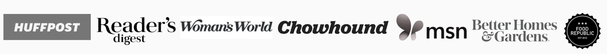 Logos of brands that featured Deliciously Rushed, including Huffpost, Reader's Digest and Chowhound.