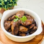 Close-up of Chicken Liver Adobo (Adobong Atay ng Manok) served on a bowl.