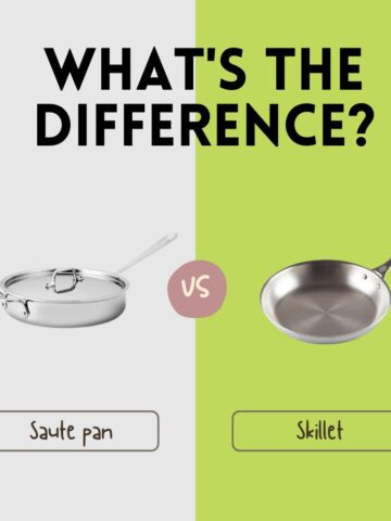 Side-by-side comparison of a skillet and sauté pan, showing a stainless steel skillet on the left and a stainless steel sauté pan with lid on the right.