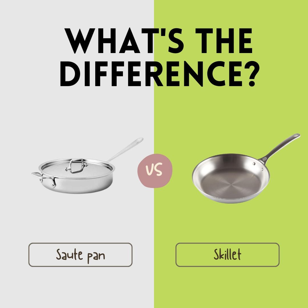 Side-by-side comparison of a skillet and sautรฉ pan, showing a stainless steel skillet on the left and a stainless steel sautรฉ pan with lid on the right.