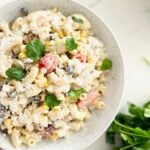 Mexican Street Corn Pasta Salad on a plate ready to be served.