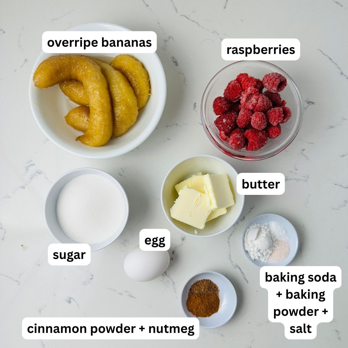 Ingredients for raspberry banana muffins.