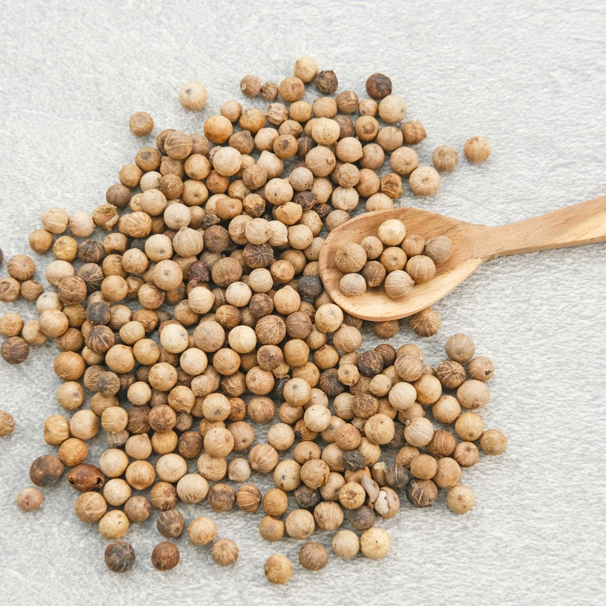 Whole white peppercorns scattered on a light surface with a wooden spoon.