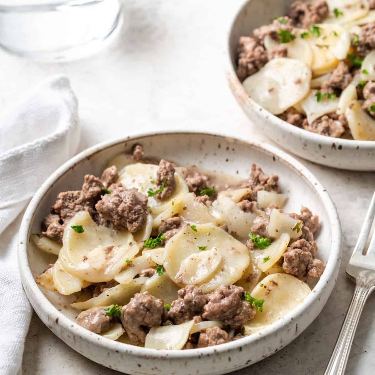 Creamy Potato Stroganoff with ground beef โ homemade Hamburger Helper-style dinner in 30 minutes.