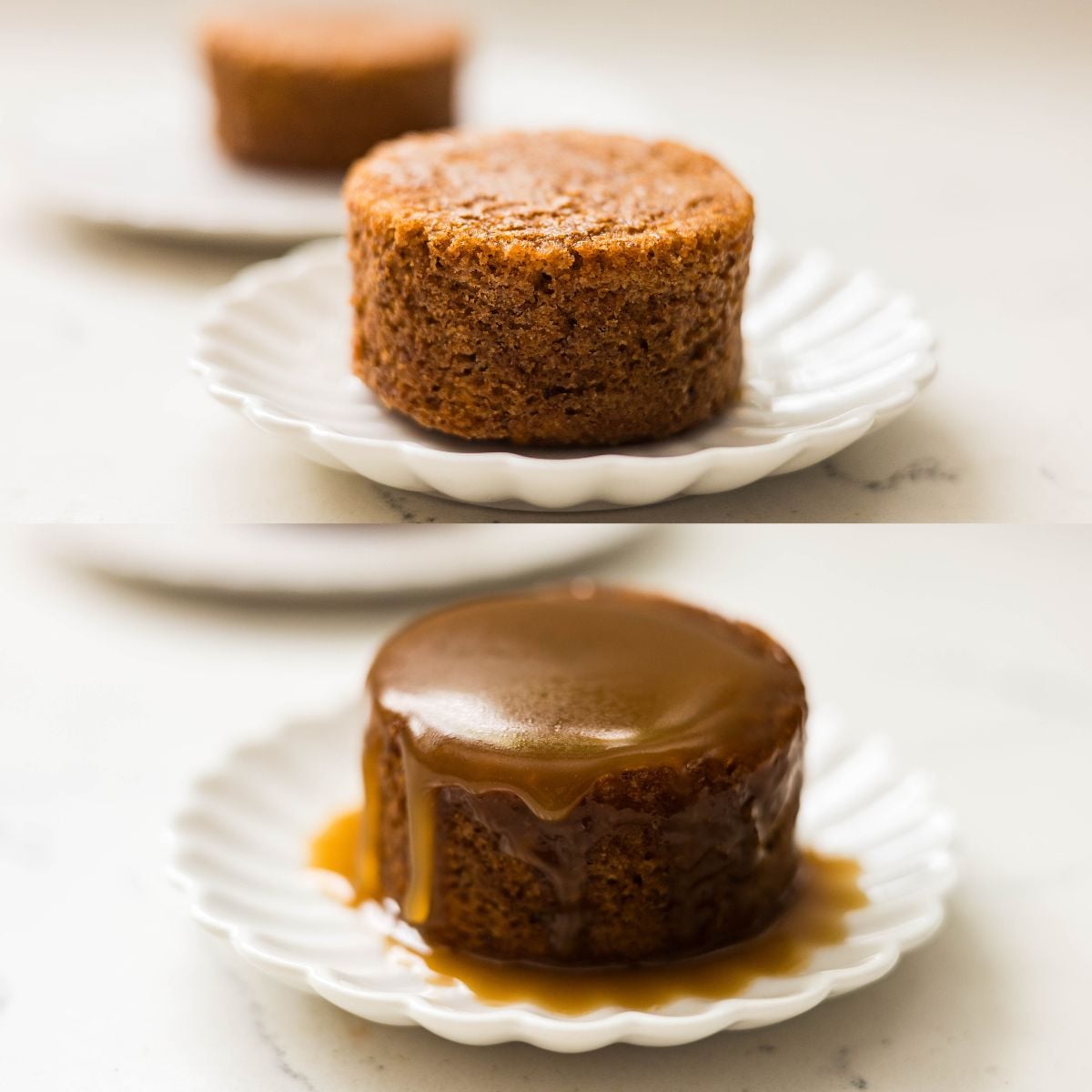 Sticky date pudding on a white plate.