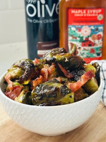 Roasted brussels sprouts with balsamic maple glaze ready to be enjoyed.