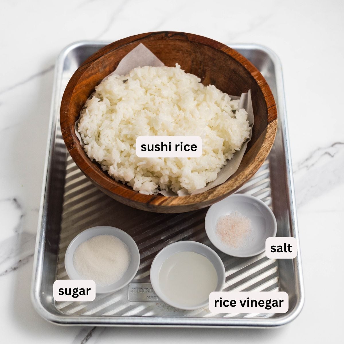 Sushi rice and seasonings for sushi bake.