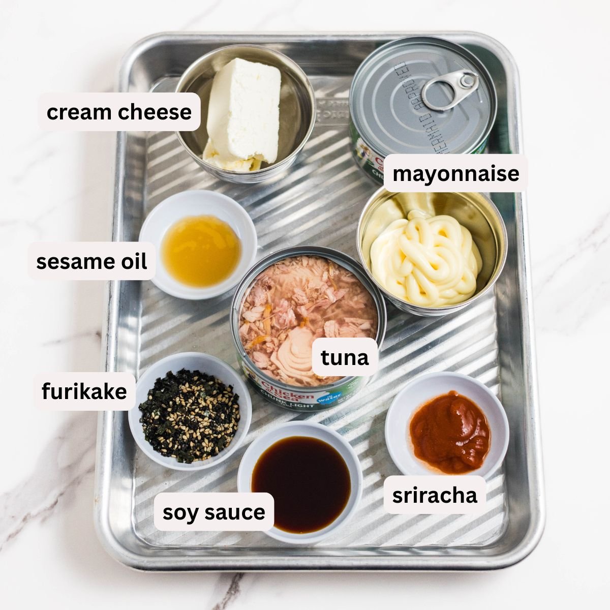 Ingredients to make spicy tuna sushi bake.