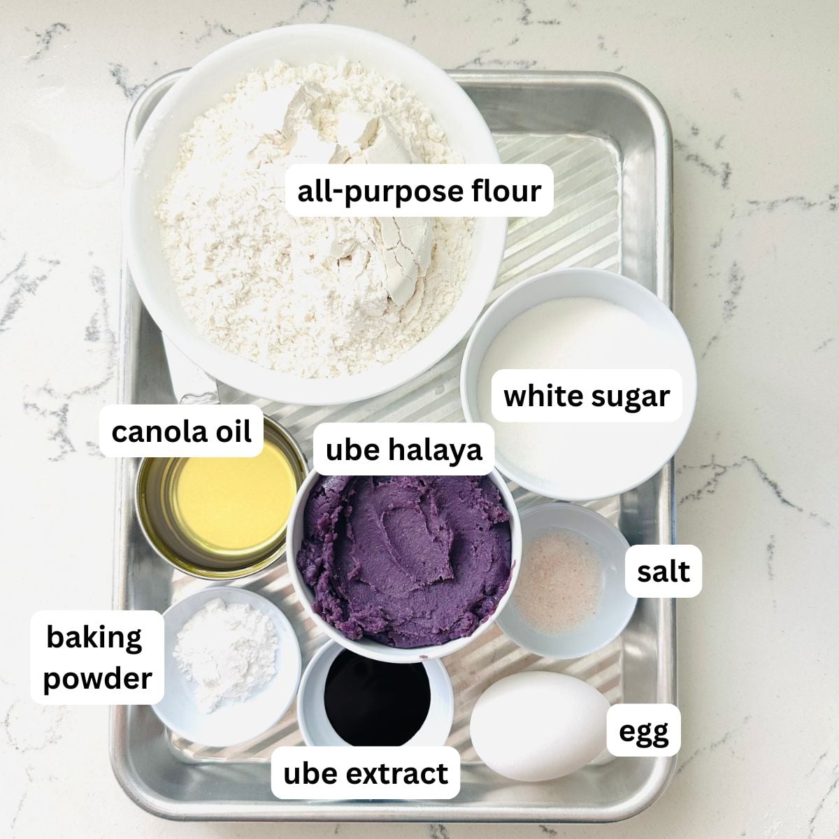 Ingredients for ube crinkle cookies.