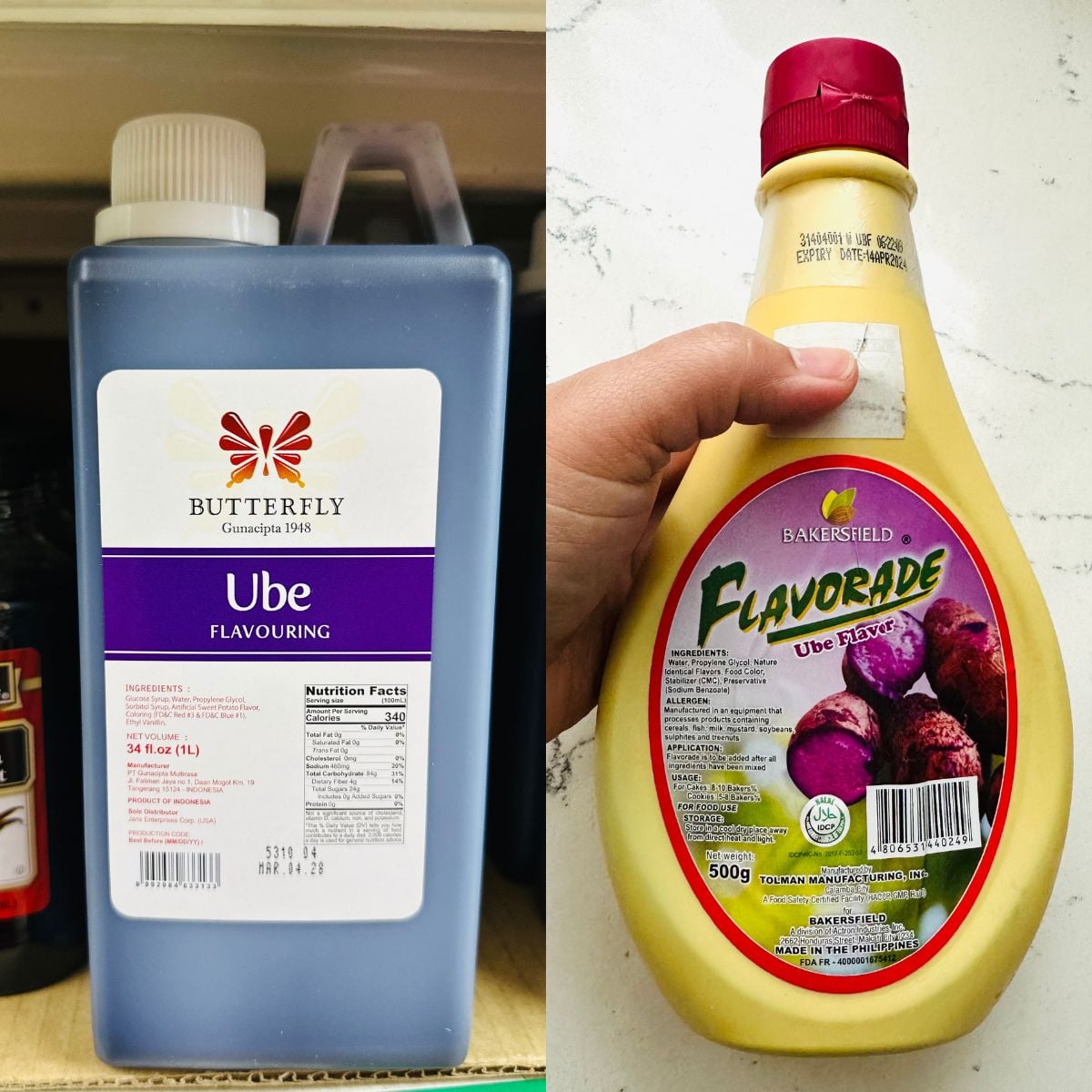 Two large bottles of ube flavoring and extract for Filipino desserts and baking recipes.