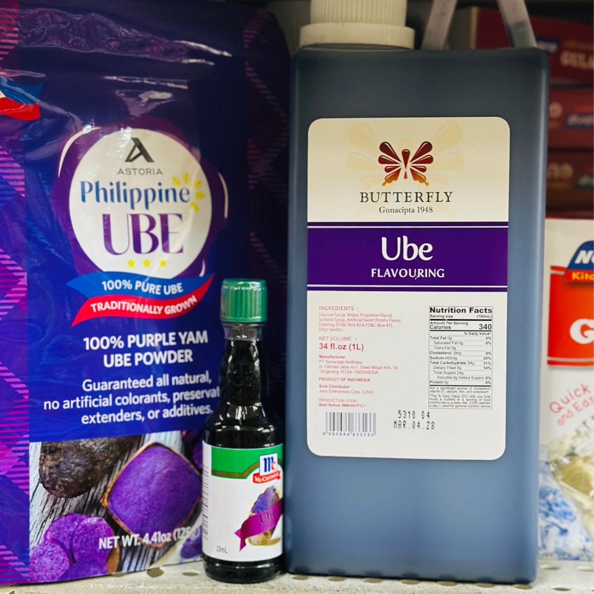 Ube extract, ube flavoring, and purple yam powder for Filipino dessert recipes.