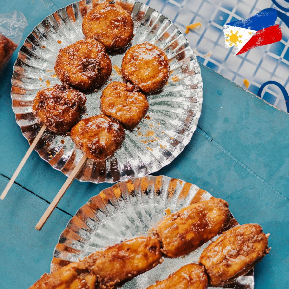 filipino camote cue and banana cue street food on skewers