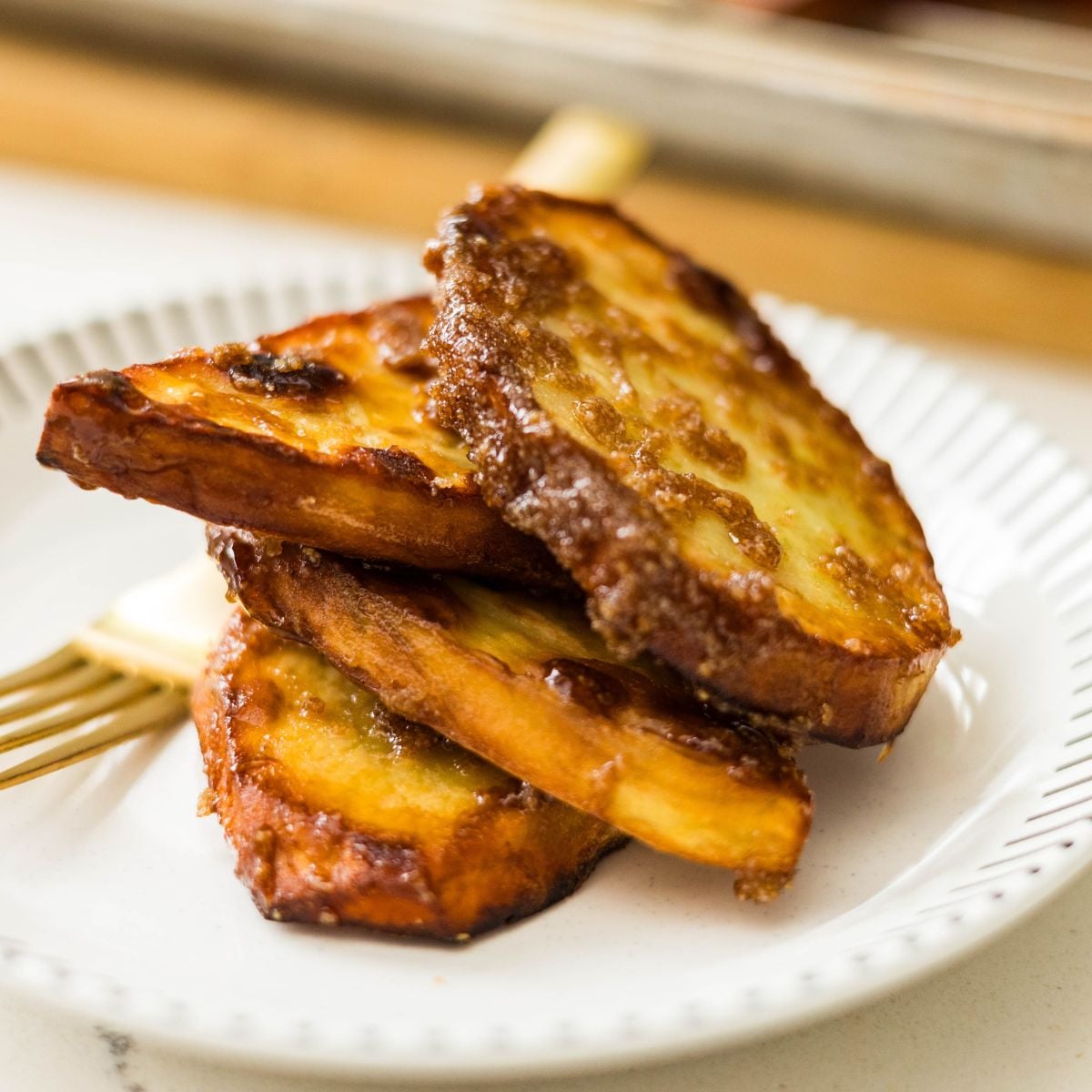 crispy camote cue filipino caramelized sweet potatoes on plate