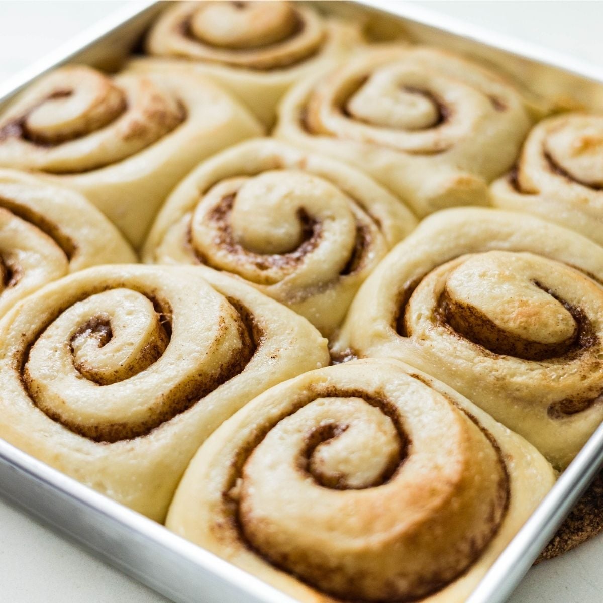 Freshly baked classic cinnamon rolls in a pan with golden tops and visible cinnamon swirls