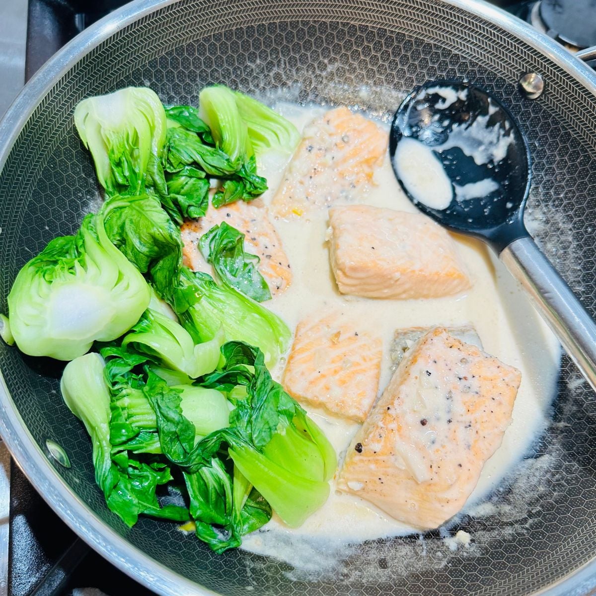 Ginataang salmon ready to serve with bok choy in a creamy coconut milk sauce