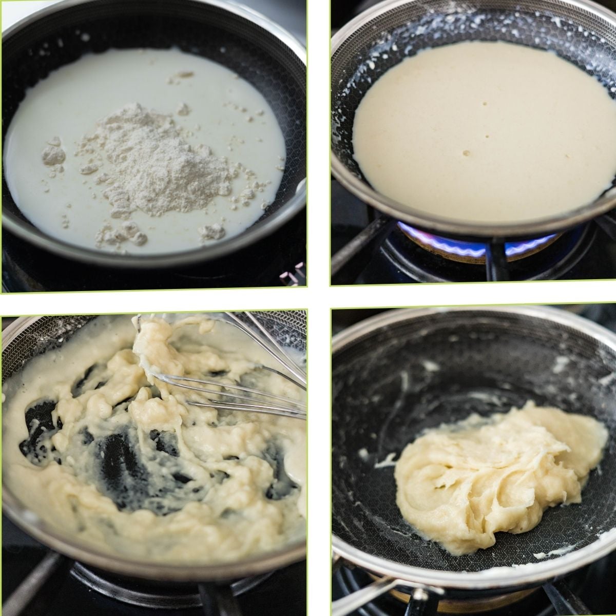 Step by step collage showing how to make tangzhong by cooking milk and flour in a saucepan until it thickens into a smooth paste.