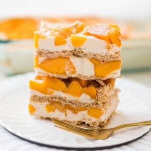 Creamy mango float slices layered with graham crackers and fresh mango