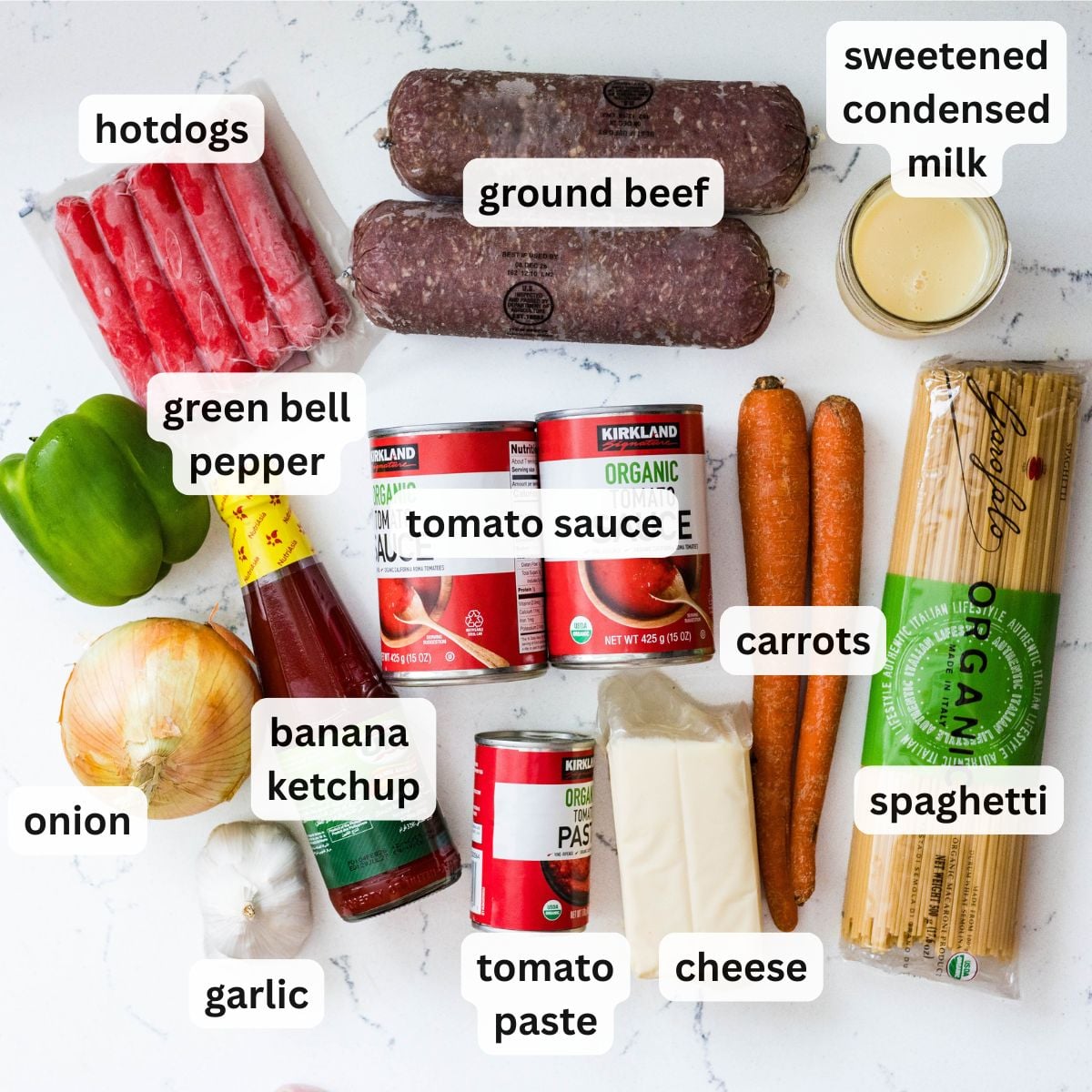 Ingredients for homemade Filipino spaghetti with hotdogs and ground beef
