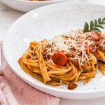Filipino spaghetti noodles topped with sweet meat sauce