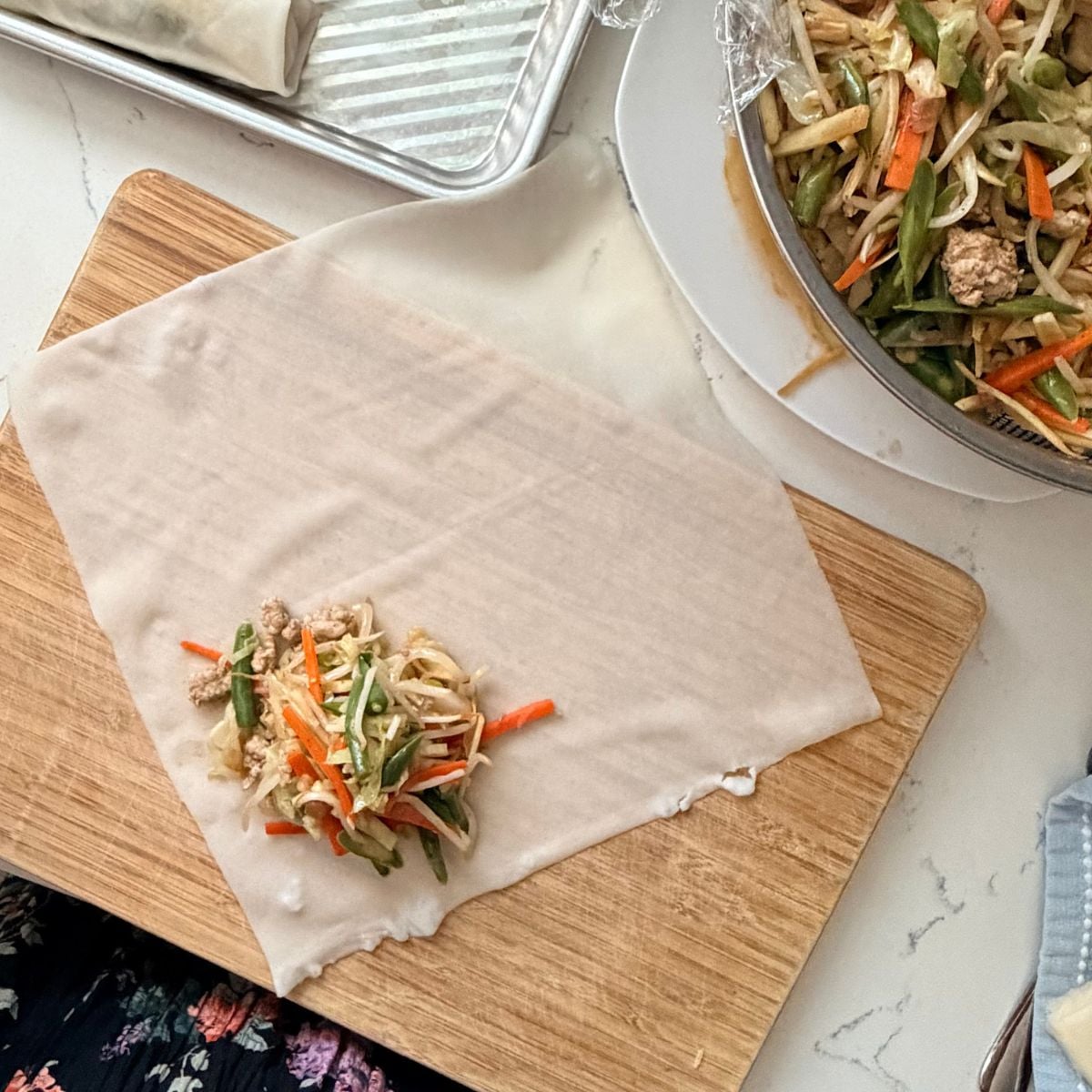 Lumpiang gulay vegetable filling placed on a spring roll wrapper
