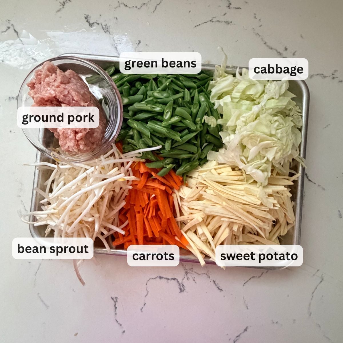 Ingredients for homemade lumpiang gulay with ground pork and vegetables