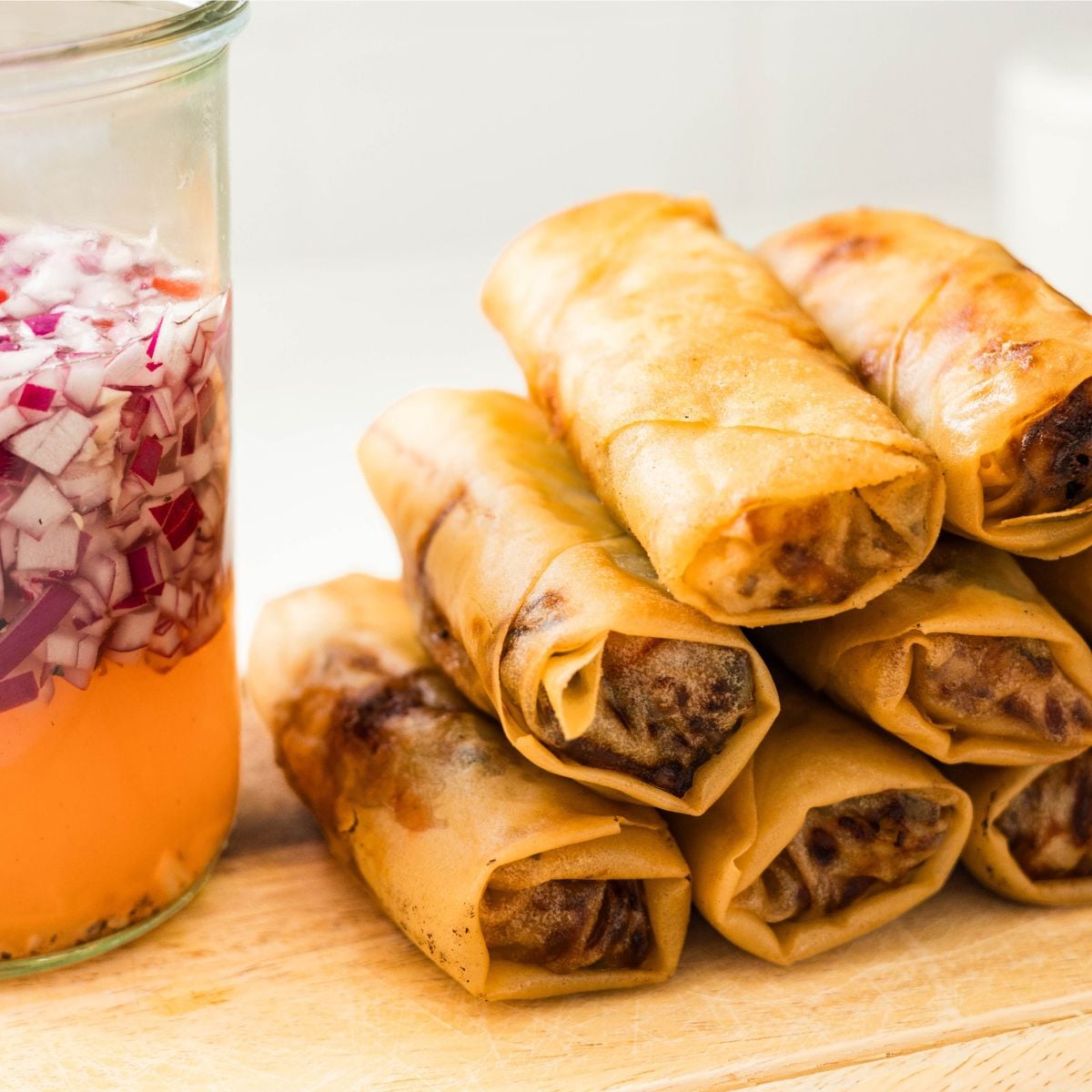 Crispy lumpiang gulay served with Filipino sawsawan dipping sauce