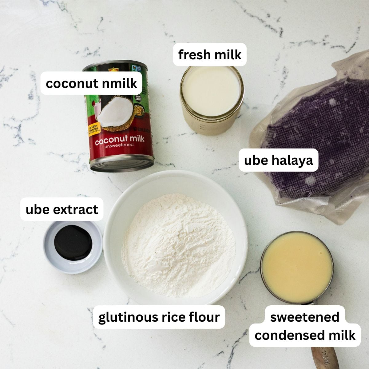 Ingredients for ube inutak including coconut milk, glutinous rice flour, condensed milk, and ube halaya