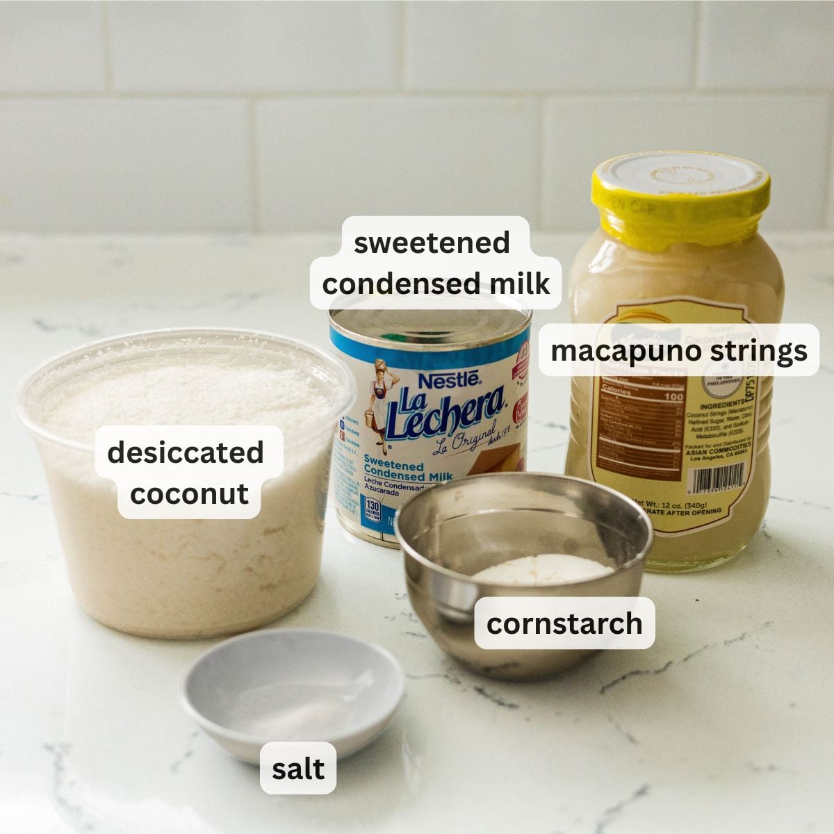 Ingredients for macapuno balls including macapuno strings, condensed milk, cornstarch, coconut, and salt