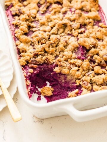 Purple sweet potato casserole recipe with pecan streusel topping