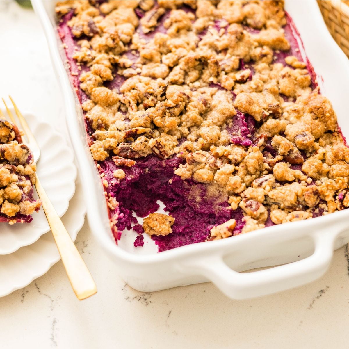 Purple sweet potato casserole recipe with pecan streusel topping